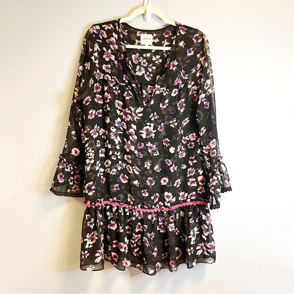 Misa Dress Black w/ Pink & Purple Floral Lillian Mini Dress Sz S GUC
